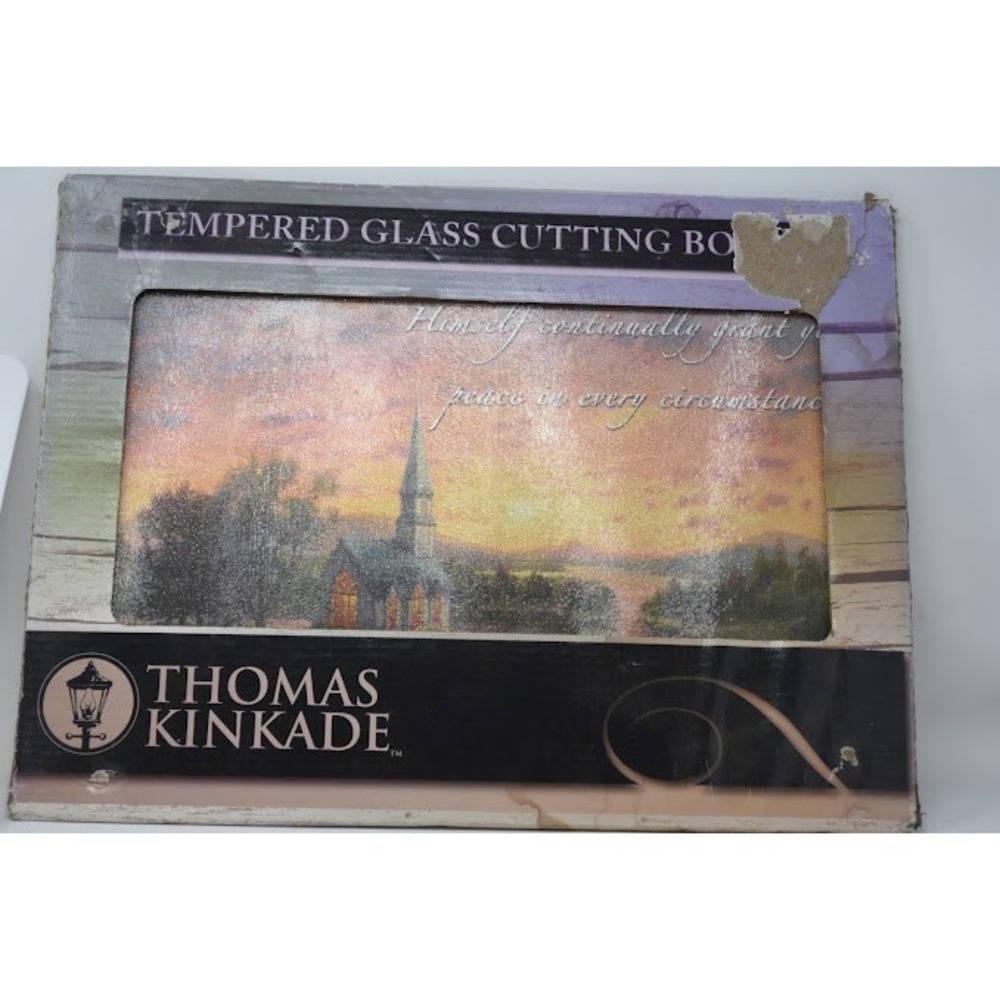 Thomas Kinkade Tempered Glass Cutting Board Sunrise Chapel 16x12 Scripture